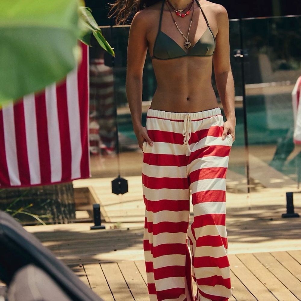 FREE PEOPLE Red White Striped Dakota Wide Leg Lounge Pants Surf Crush Beach Girl